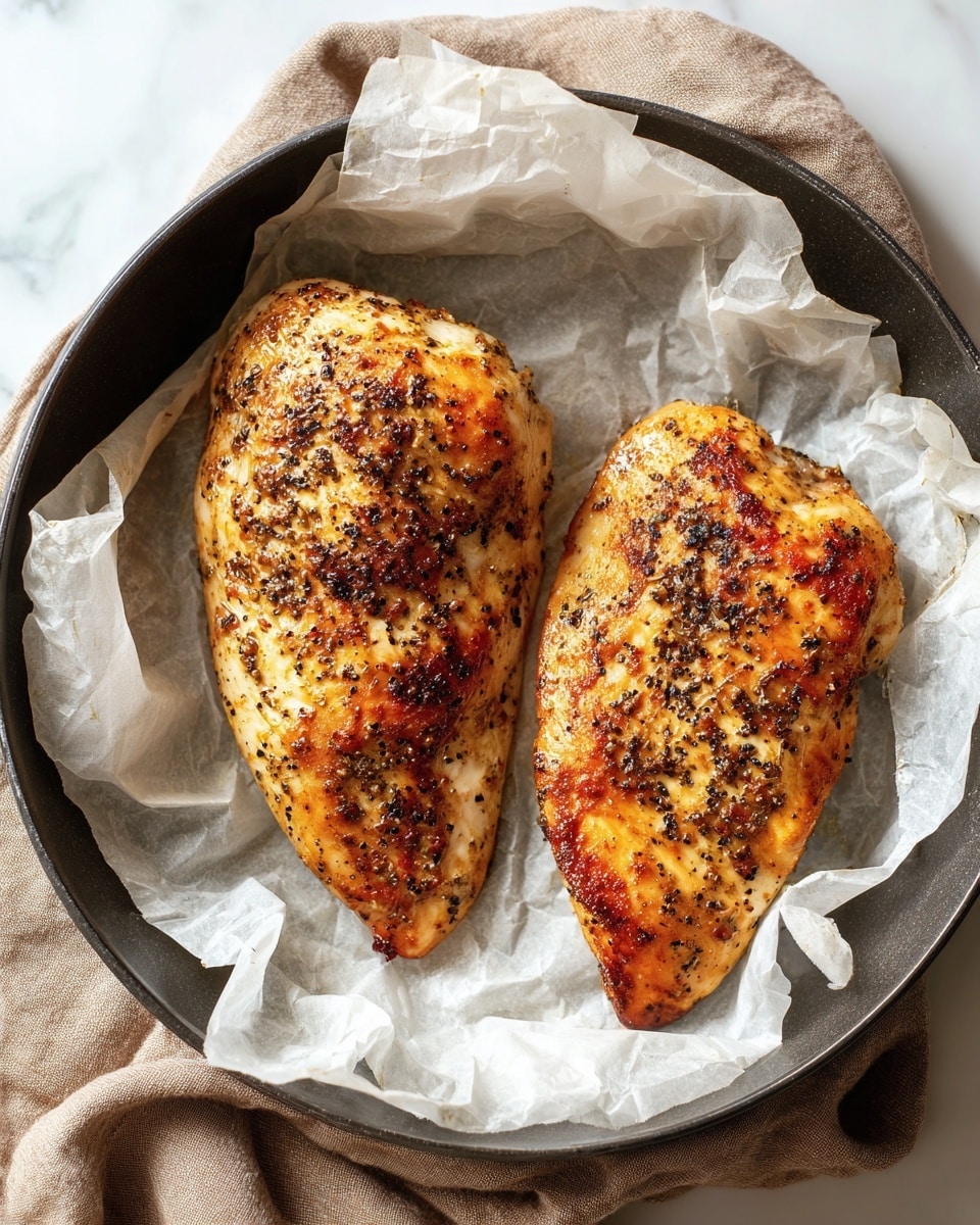 Two cooked chicken breasts with a golden brown top layer, speckled with black pepper and spices, rest side by side on crinkled white parchment paper. The chicken has a slightly crispy and seasoned surface, showing hints of charred spots. The parchment paper lines a round baking pan with a dark rim, which sits on a beige cloth. The background features a white marbled texture. photo taken with an iphone --ar 4:5 --v 7