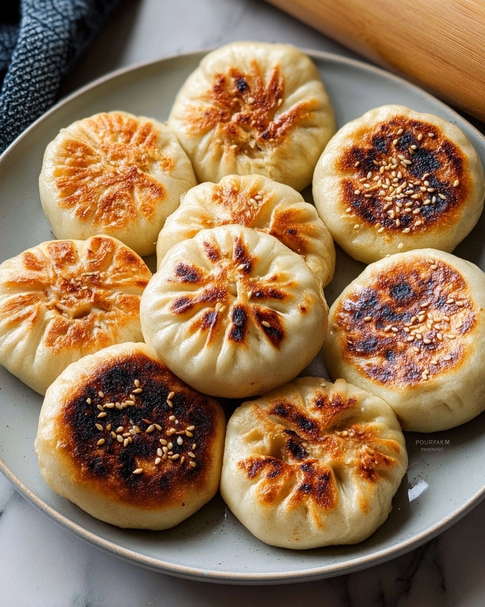 A white plate is filled with nine golden-brown pan-fried buns arranged closely together, each with a slightly different round shape. Some buns show textured pleats on top with dark brown char marks, while others have a smooth top sprinkled lightly with sesame seeds and browned evenly. The buns have a soft, shiny dough exterior with varied shades of golden and light brown, showing a crispy, slightly blistered surface. The plate rests on a white marbled textured background with part of a rolling pin visible in the background. Photo taken with an iphone --ar 4:5 --v 7