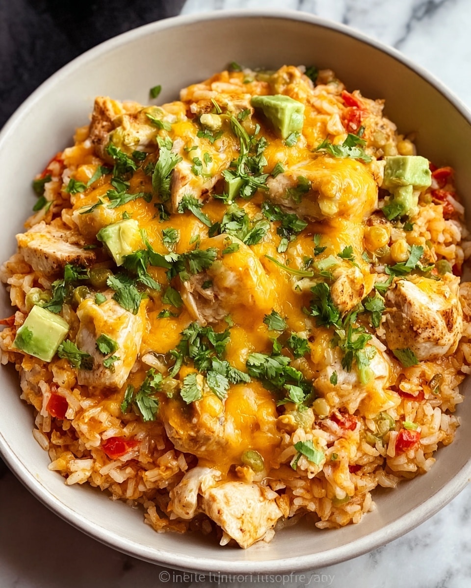 This image shows a bowl filled with a layered rice dish. The bottom layer is made of orange-colored rice mixed with small pieces of red pepper. On top, there are chunks of cooked chicken covered with melted yellow-orange cheese. Scattered across the dish are small green pieces, likely avocado or herbs, and fresh chopped green cilantro leaves are sprinkled over everything. The bowl is white and the whole dish sits on a white marbled surface. photo taken with an iphone --ar 4:5 --v 7