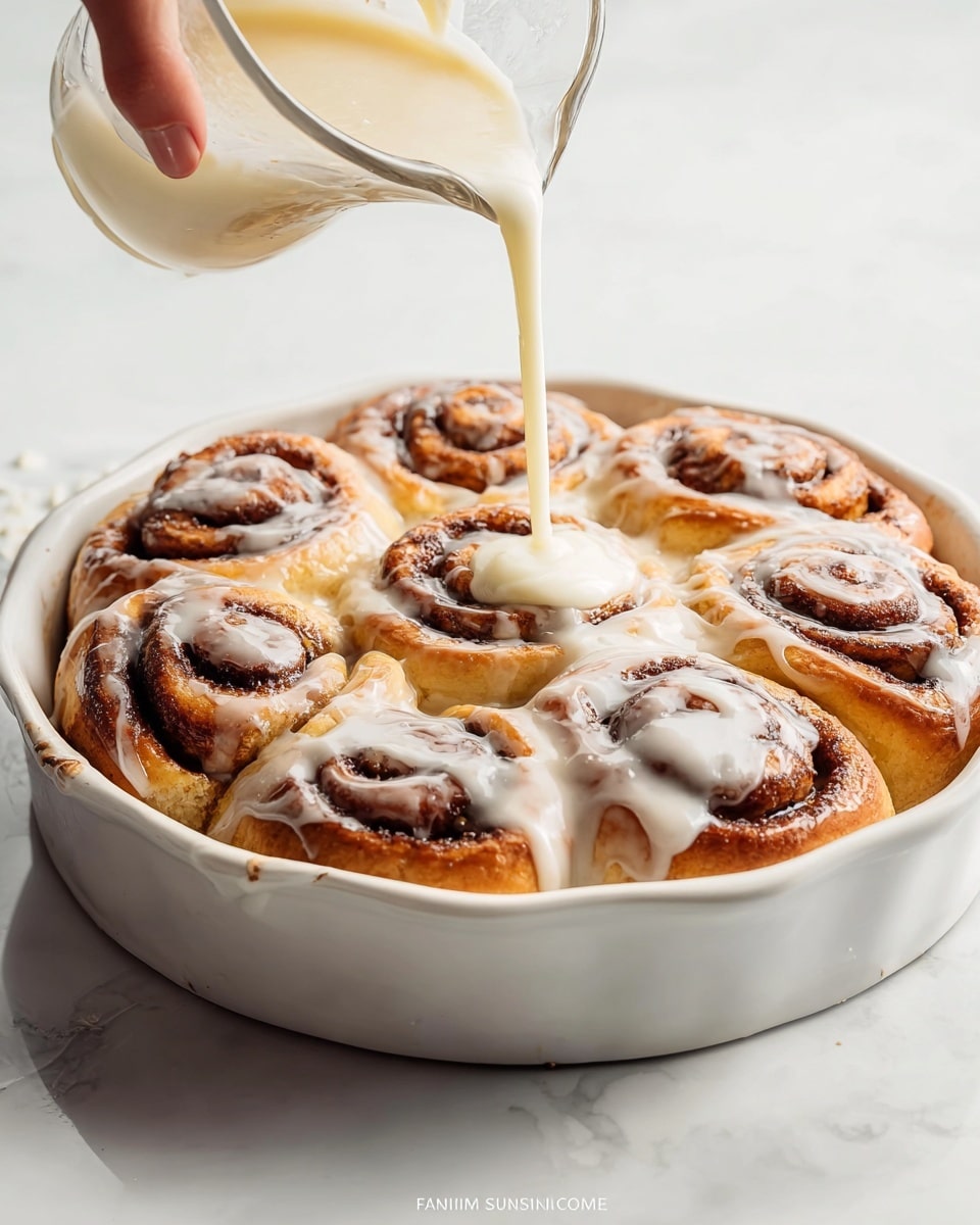 A white round ceramic baking dish holds nine golden-brown cinnamon rolls, each layer showing a swirl of rich dark brown cinnamon filling wrapped in soft dough. A woman's hand is pouring creamy white icing from a clear glass cup over the cinnamon rolls, which creates a glossy, melting layer on top. The rolls have a light crispy edge with a soft, fluffy inside, and the glaze drips slowly down the sides. The setting has a clean white marbled surface underneath the dish. photo taken with an iphone --ar 4:5 --v 7