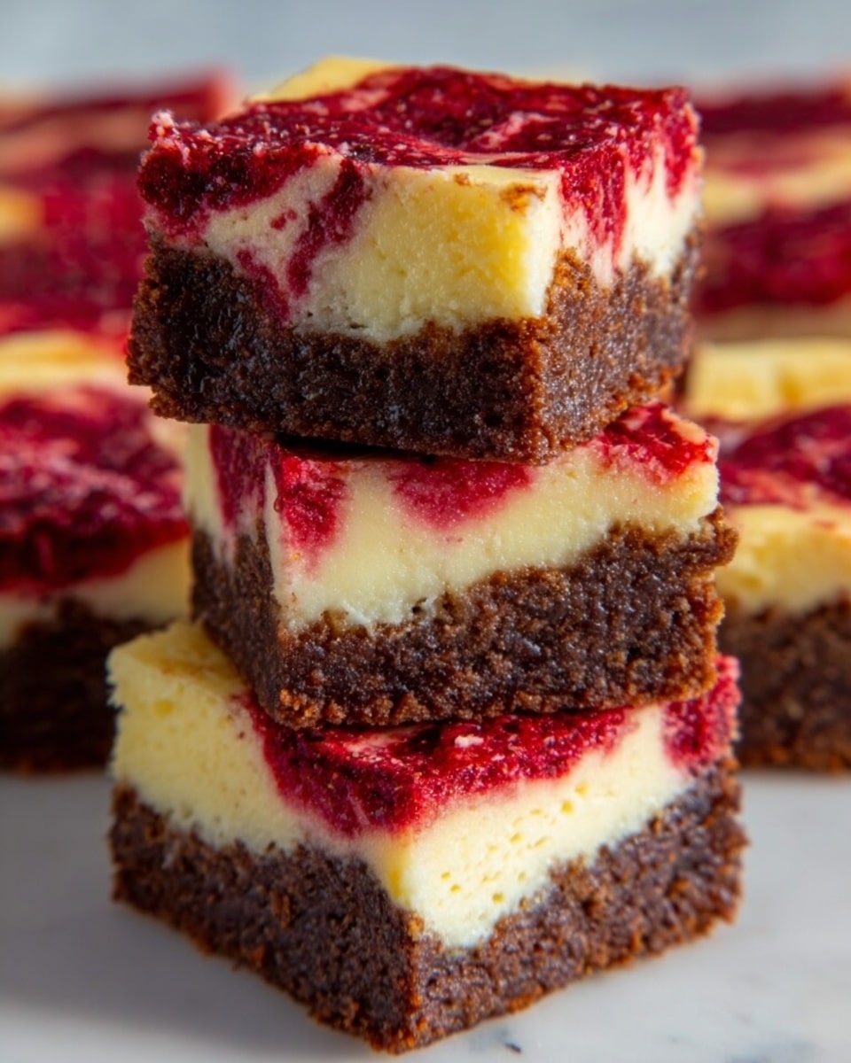 The image shows a stack of three square-shaped dessert bars with three clear layers. The bottom layer is a dark brown, thick, and fudgy-looking brownie base. The middle layer is a creamy, pale yellow cheesecake layer that looks smooth and dense. The top layer is a bright red, slightly uneven and swirled with a berry sauce, adding a textured and fruity look. The bars are stacked on a white marbled surface with more bars blurred in the background, showing the same layers and colors. The lighting highlights the rich textures and colors clearly. photo taken with an iphone --ar 4:5 --v 7