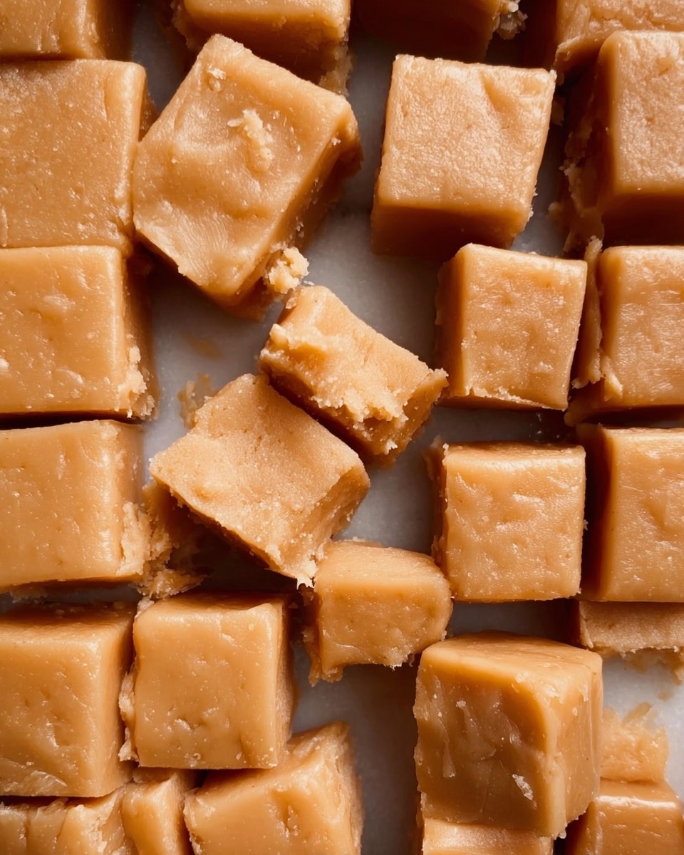 The image shows several small, square pieces of light brown fudge arranged closely together on a white marbled surface. Each piece has a smooth but slightly cracked top texture, with a soft, dense interior visible in a few pieces where they are unevenly cut or broken. The fudge blocks are uniform in size and shape, covering the entire frame with a warm, caramel-like color. photo taken with an iphone --ar 4:5 --v 7