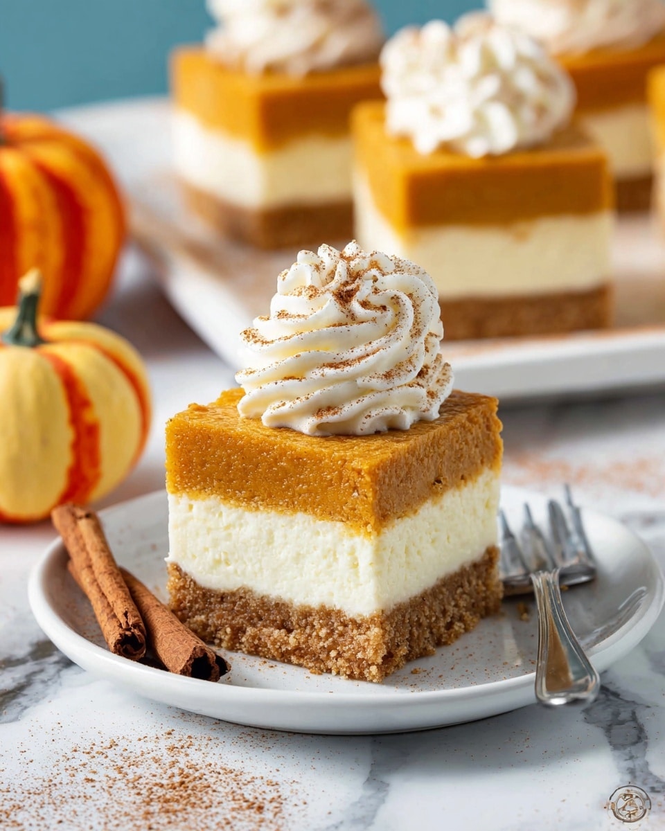 A square dessert with three clear layers sits on a white plate: the bottom layer is a crumbly light brown crust, the middle layer is a creamy off-white cheesecake, and the top layer is a spongy orange pumpkin cake. A swirl of white whipped cream with a sprinkle of cinnamon dusts the top center of the cake. Next to the dessert lie two cinnamon sticks. A silver fork rests on the plate's right edge, and blurred pumpkin cakes and small pumpkins appear in the white marbled background. Photo taken with an iphone --ar 4:5 --v 7