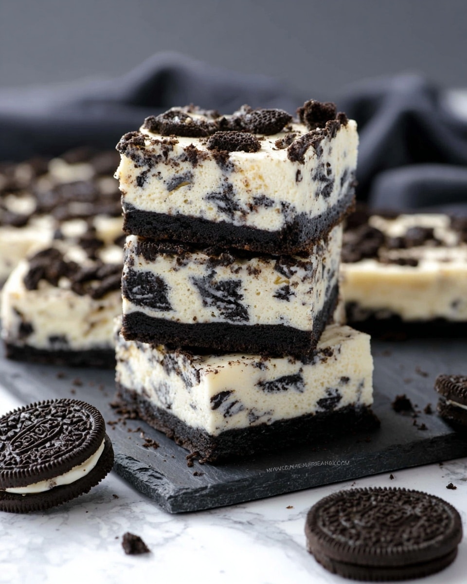 The image shows a stack of three square Oreo cheesecake bars placed on a dark slate board over a white marbled surface. Each bar has three visible layers: a bottom thin dark chocolate crumb crust, a thick creamy off-white cheesecake layer with crushed Oreo bits, and a top layer sprinkled with larger chunks of Oreo cookies. Next to the stack, there is a small pile of whole Oreo cookies on the left and one Oreo cookie on the right, cracked open to show its white filling. A soft dark gray cloth is blurred in the background. The overall look is rich and textured with contrasting dark and light colors. photo taken with an iphone --ar 4:5 --v 7