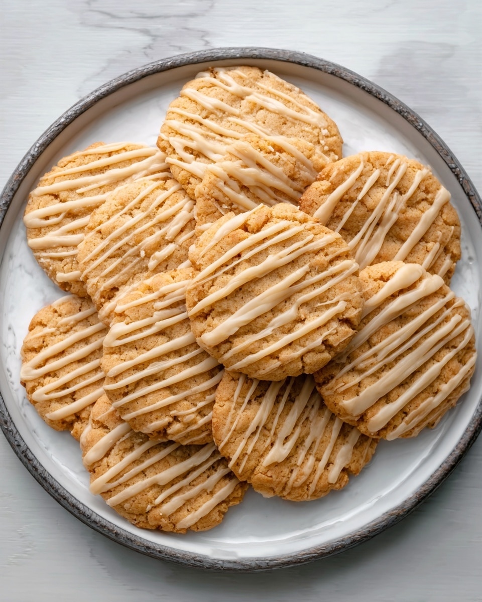 A white round plate on a white marbled surface holds eight golden brown cookies with a slightly rough texture. Each cookie is drizzled with a light tan frosting in thin, uneven lines across the top, creating a striped pattern. The cookies are arranged in a loose circle, some overlapping slightly, showing their soft, crumbly edges. Photo taken with an iphone --ar 4:5 --v 7
