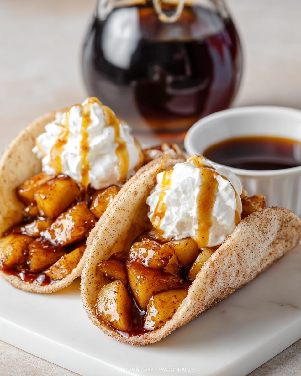 Two soft tortillas, each coated on the edges with cinnamon sugar, are folded and filled with glazed, warm apple chunks in a sticky brown sauce as the first layer. On top of the apples, there is a dollop of white whipped cream with a drizzle of golden syrup running down the sides. Behind the tacos, a glass container of dark syrup adds depth to the white marbled textured surface. To the side, a small white bowl holds more syrup, partially visible in the frame. The whole scene is brightly lit and focused close-up. photo taken with an iphone --ar 4:5 --v 7