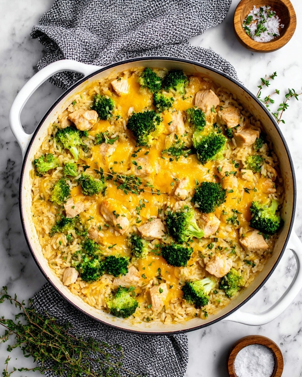 The image shows a white cast iron pan filled with a cheesy chicken and broccoli rice dish. The base layer is creamy rice mixed with tender pieces of light brown cooked chicken and bright green broccoli florets scattered evenly. The top layer is melted golden-yellow cheese, slightly glossy, melting over the rice, chicken, and broccoli, with small sprigs of fresh green herbs sprinkled on top. The pan is placed on a white marbled surface with a gray and white checked cloth underneath. Nearby, there is a small wooden bowl with coarse salt and fresh green herb sprigs. Photo taken with an iphone --ar 4:5 --v 7