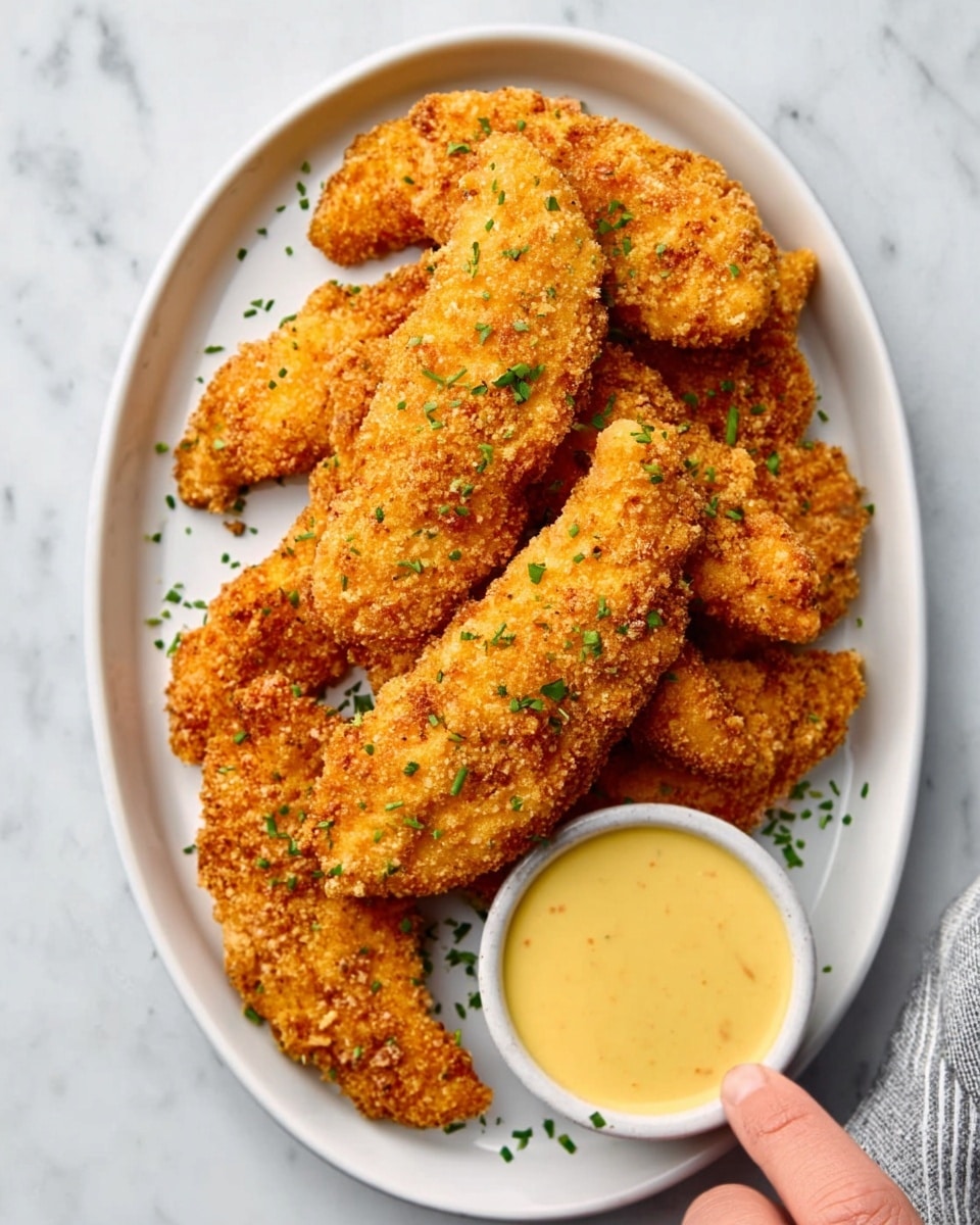 The image shows a white oval plate with six golden brown crispy chicken tenders arranged in a scattered pile on a white marbled surface. To the top right of the plate, there is a small white round bowl filled with creamy yellow dipping sauce. The chicken tenders have a crunchy texture with visible small green herb bits sprinkled over them. Near the plate’s bottom right, a woman's hand is seen about to pick up one tender. Photo taken with an iphone --ar 4:5 --v 7