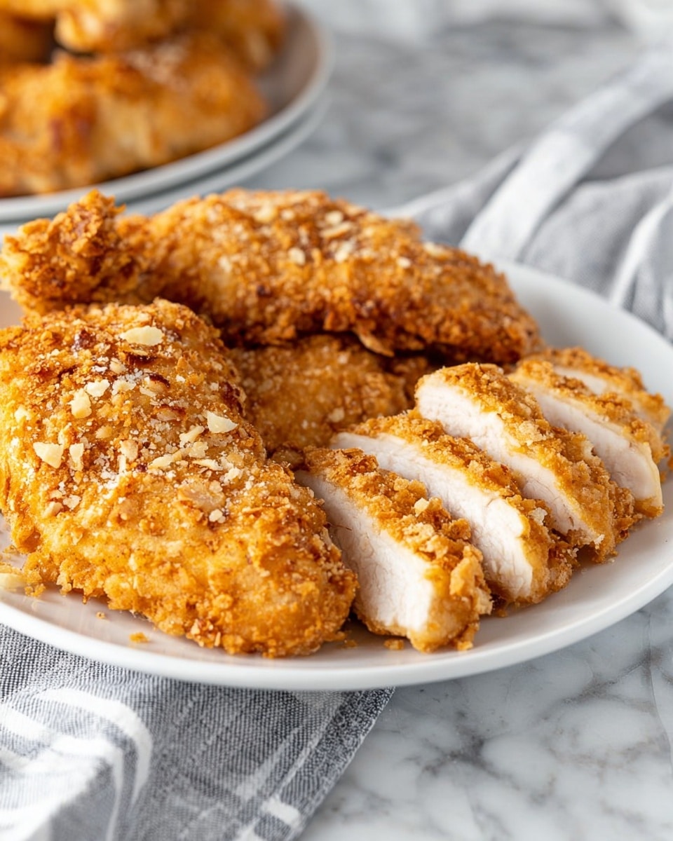 The image shows a white plate filled with golden-brown crispy fried chicken pieces. The chicken is coated with a textured, crumbly breading that looks crunchy, sprinkled with finer crumbs on top. One piece is sliced into several thick pieces, revealing the white cooked meat inside. There are whole crispy chicken pieces in the background. The plate sits on a white marbled surface with a gray and white striped cloth partially visible underneath. photo taken with an iphone --ar 4:5 --v 7
