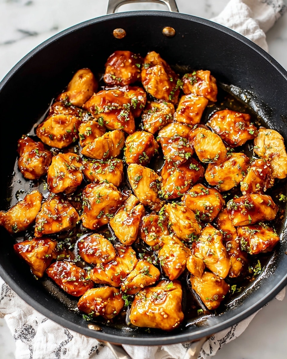 A black pan filled with bite-sized chicken pieces cooked to a glossy golden brown with a slightly caramelized texture, coated in a shiny sauce that pools lightly at the bottom. The chicken chunks vary in size and have a slightly crispy-looking exterior, garnished with small bits of green herbs scattered on top. The pan sits on a white marbled surface with a light-colored, patterned cloth partially visible beneath it. photo taken with an iphone --ar 4:5 --v 7