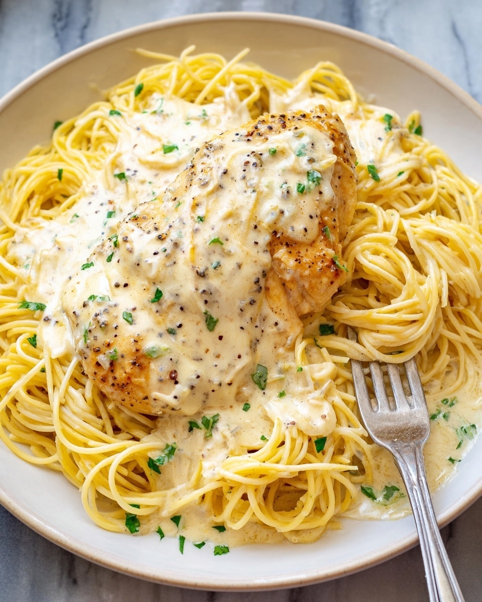 A white plate holds a nest of thin yellow spaghetti as the base layer, topped with a creamy white sauce that coats the pasta unevenly, showing a smooth, slightly thick texture. On top of the sauce sits a large, golden-brown grilled chicken breast sprinkled with small pieces of green parsley and black pepper, adding contrast to the dish. A fork gathers some spaghetti and sauce near the plate’s edge, showing the pasta’s soft and twisty form. The plate is set on a white marbled surface. Photo taken with an iphone --ar 4:5 --v 7