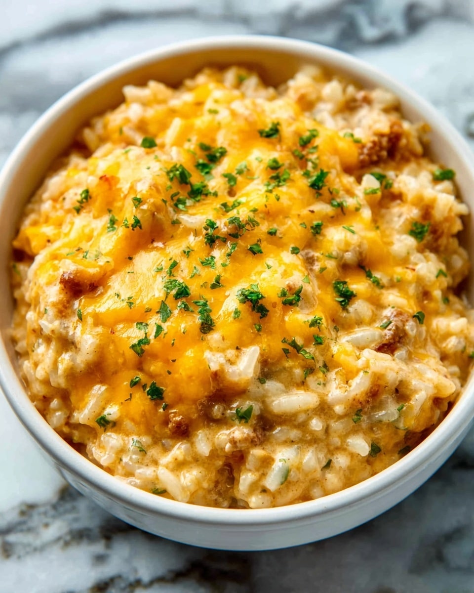 A white bowl filled with a creamy, cheesy rice dish with a golden-yellow melted cheese layer on top, sprinkled with small green herb bits for a fresh look. Beneath the cheese layer, the rice is creamy with visible grains mixed with small pieces of browned meat and light brown seasoning. The dish appears warm and rich with a slight glossy texture from the melted cheese, set on a white marbled surface. Photo taken with an iphone --ar 4:5 --v 7