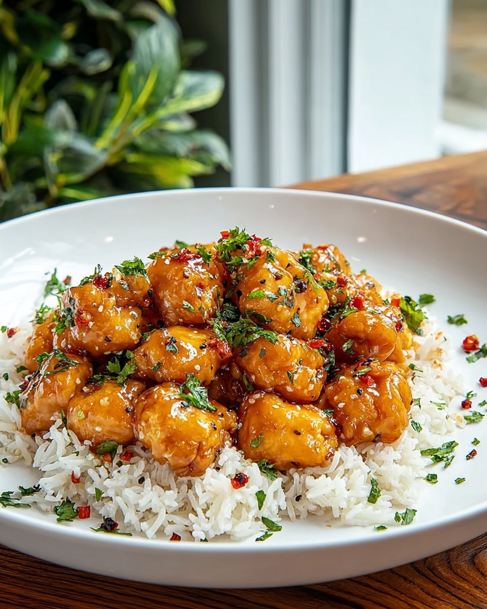 The dish shows a white round plate filled with two main layers: the bottom layer is fluffy white rice with soft, slightly separated grains spread evenly across the plate; the top layer is a heap of golden-brown chicken pieces coated in a shiny, thick orange glaze with black pepper and small red chili bits, garnished with fresh, bright green chopped herbs scattered on and around the chicken. The plate is set on a wooden surface with a blurred green plant and window in the background, all on a white marbled texture. photo taken with an iphone --ar 4:5 --v 7