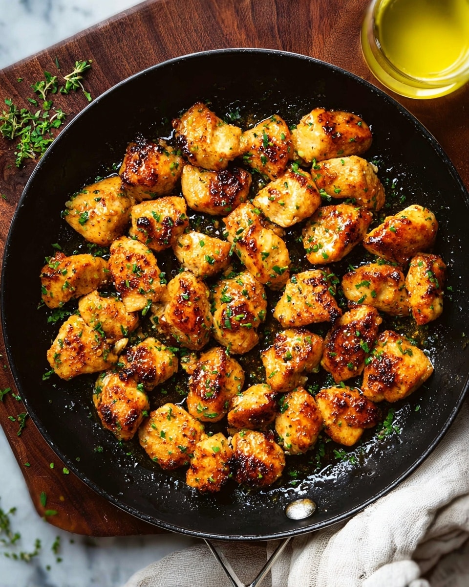 The image shows a black frying pan filled with about 25 pieces of golden-brown cooked chicken chunks, each piece having a crispy, slightly charred surface. The chicken pieces are evenly spread across the pan and are garnished with small green herbs scattered on top and around them. There is a shiny, oily glaze covering the chicken, giving it a moist and appetizing look. The pan is placed on a dark wooden surface with a small white cloth on the right and a glass of yellow liquid partly visible in the upper right corner. The whole scene is set against a white marbled texture background. photo taken with an iphone --ar 4:5 --v 7