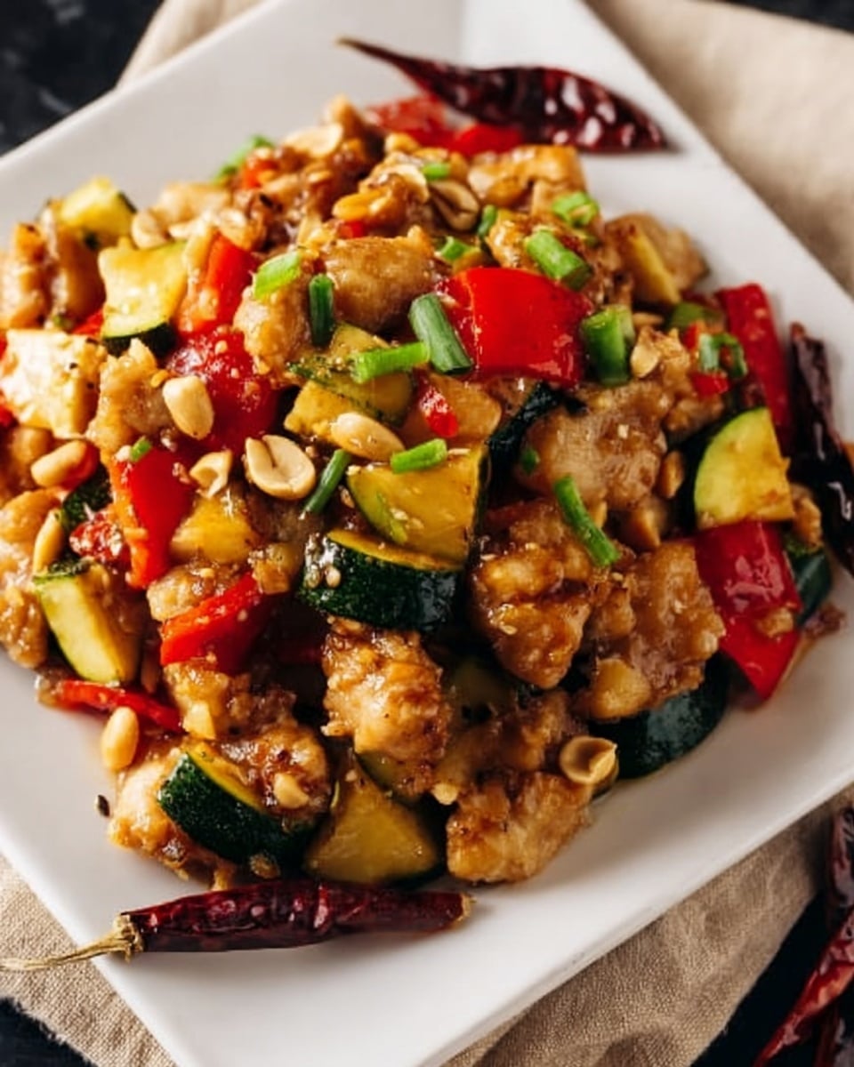 The dish is shown on a white square plate with a high pile of stir-fried pieces of chicken coated in a light brown sauce, mixed with chunks of bright red bell peppers, yellow zucchini, and sliced green onions sprinkled all over. There are whole peanuts scattered throughout, adding a crunchy texture, and some dark dried chili peppers laying on top and around the dish. The ingredients create a colorful and textured look with the meat and vegetables sitting in a mix of glossy sauce and small bits of seasoning. The plate is on a white marbled surface with a beige cloth napkin partly visible under one side of the plate photo taken with an iphone --ar 4:5 --v 7