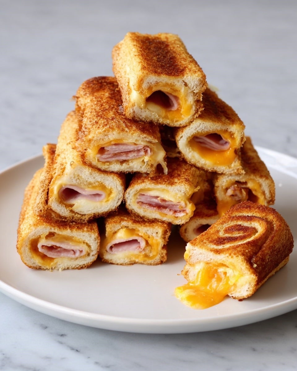The image shows seven rolled toasted sandwiches on a white plate, stacked in two layers; six are stacked in a pyramid shape with their golden-brown crispy edges facing forward and melted yellow-orange cheese slightly oozing from the ends, while one is placed alone on the right side of the plate with visible swirls of bread and cheese inside. The toasted bread has a light brown toasted texture, slightly rough on the outside, and inside each roll there is a layer of thin, pale pink ham folded with melted cheese, creating a warm and inviting look. The plate rests on a white marbled textured surface. photo taken with an iphone --ar 4:5 --v 7