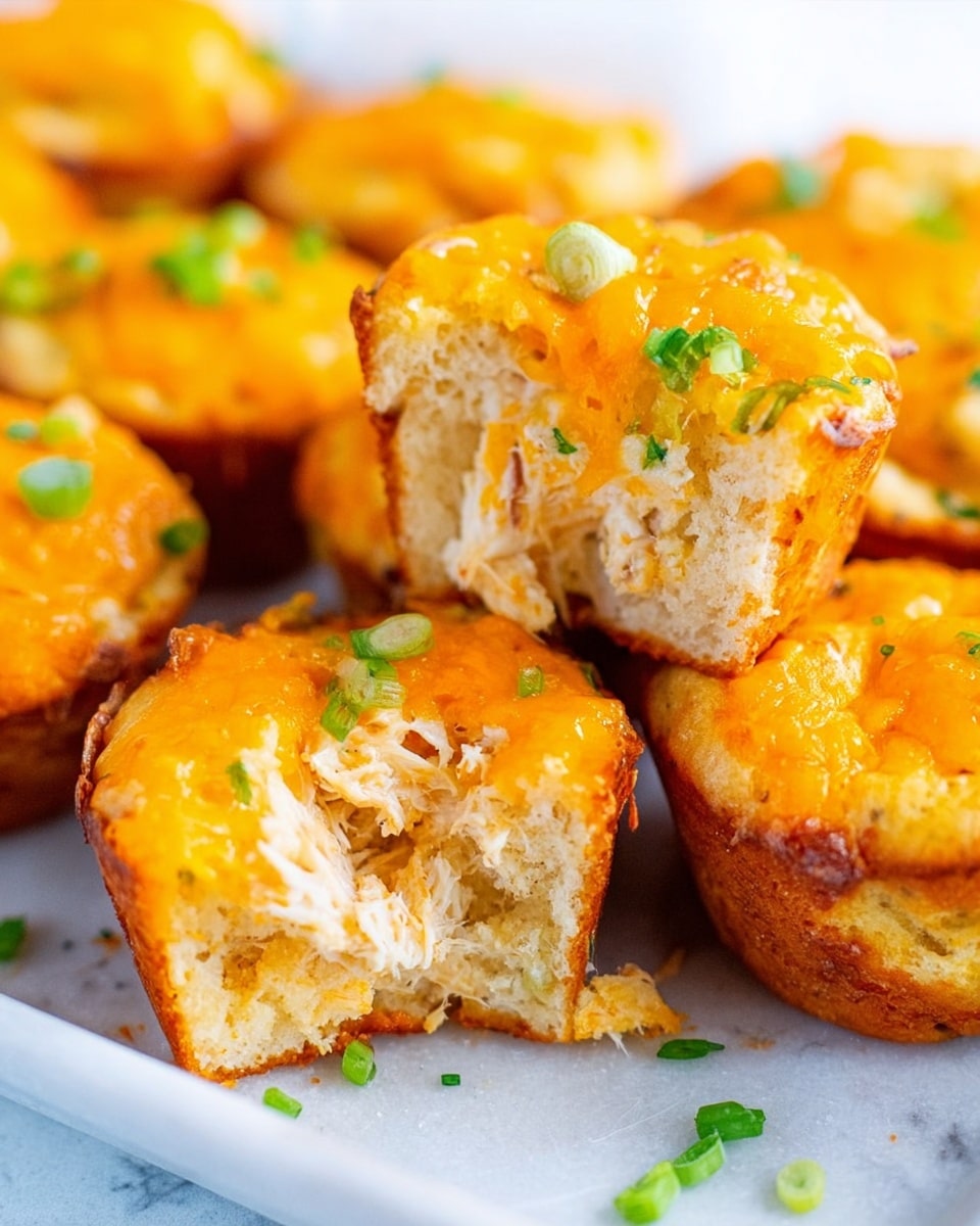 The image shows a close-up of several golden brown mini muffins filled with melted bright orange cheese, topped with small pieces of chopped green onions. One muffin is broken in half, revealing a soft, moist interior with bits of white chicken mixed inside the yellowish batter. The muffins are arranged on a white plate on a white marbled surface. photo taken with an iphone --ar 4:5 --v 7