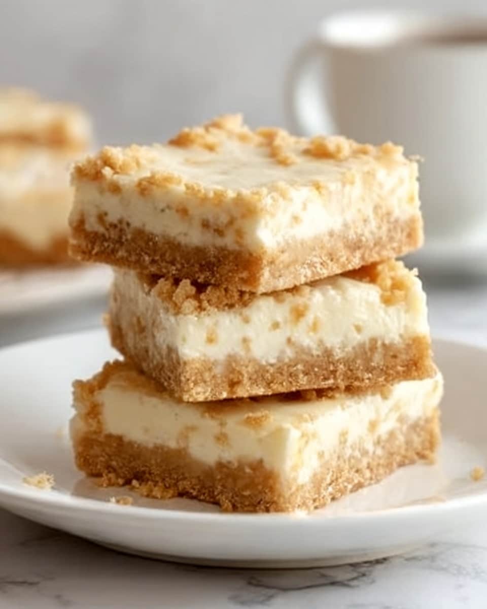 A stack of three square dessert bars is shown on a white plate, each bar having three layers. The bottom layer is a light golden brown crust with a slightly crumbly texture. The middle layer is a creamy, pale off-white filling, smooth and thick. The top layer is chunky and pale yellow with small pieces, resembling nuts or a baked topping. The edges are slightly uneven and the bars are neatly stacked, with the top bar tilted slightly. The background shows a white marbled surface and a blurry white cup. photo taken with an iphone --ar 4:5 --v 7