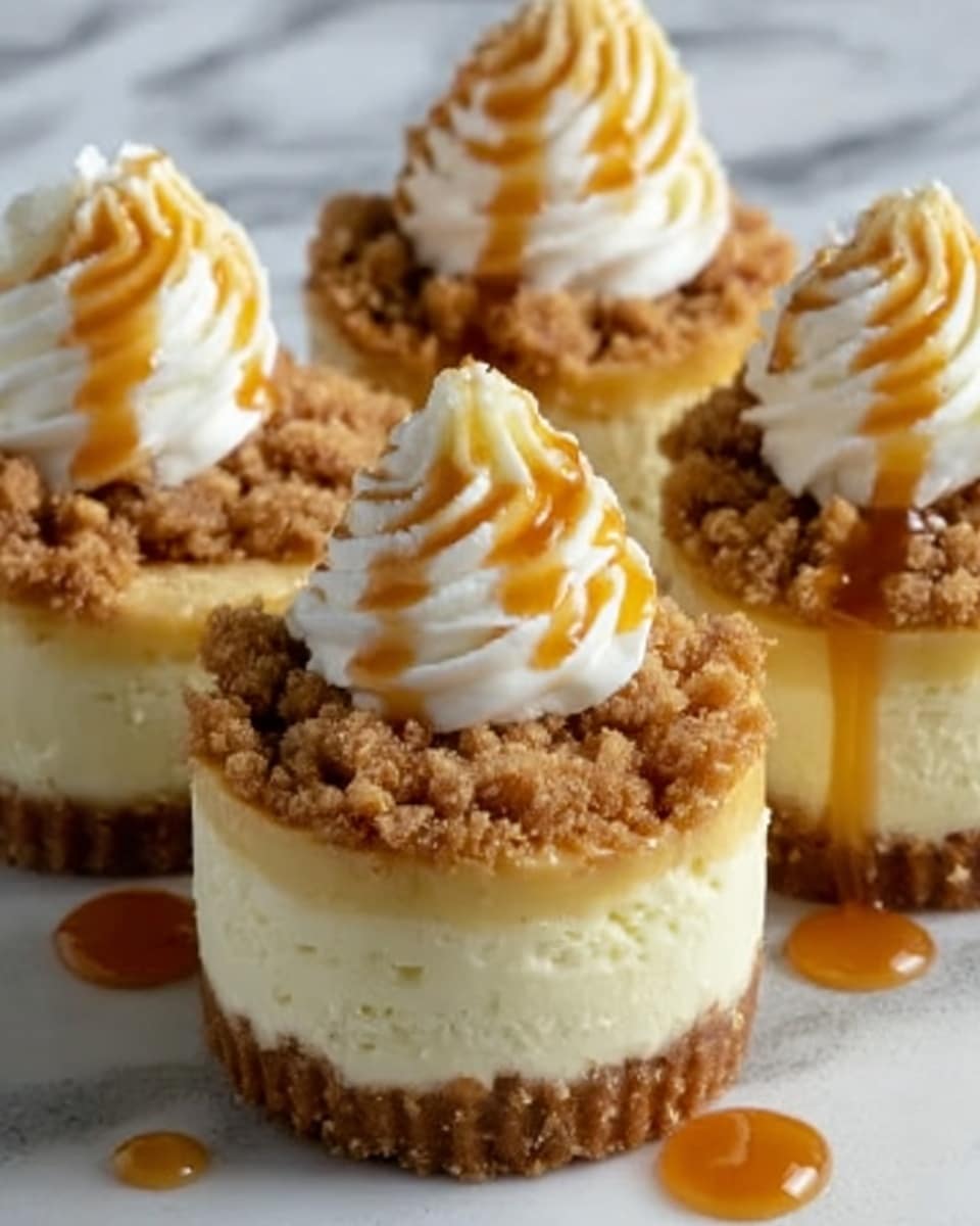 The image shows four small cheesecake cups with three layers each. The bottom layer is a crumbly brown crust, the middle layer is smooth and creamy pale yellow cheesecake filling, and the top layer is a thick crumbly brown streusel topping. Each cheesecake is topped with a swirl of white whipped cream, drizzled with a golden caramel sauce. The cheesecakes are placed on a white marbled surface with small droplets of caramel around them. The texture of the crust is rough and crumbly, the cheesecake filling is soft and creamy, and the whipped cream looks light and fluffy. Photo taken with an iphone --ar 4:5 --v 7