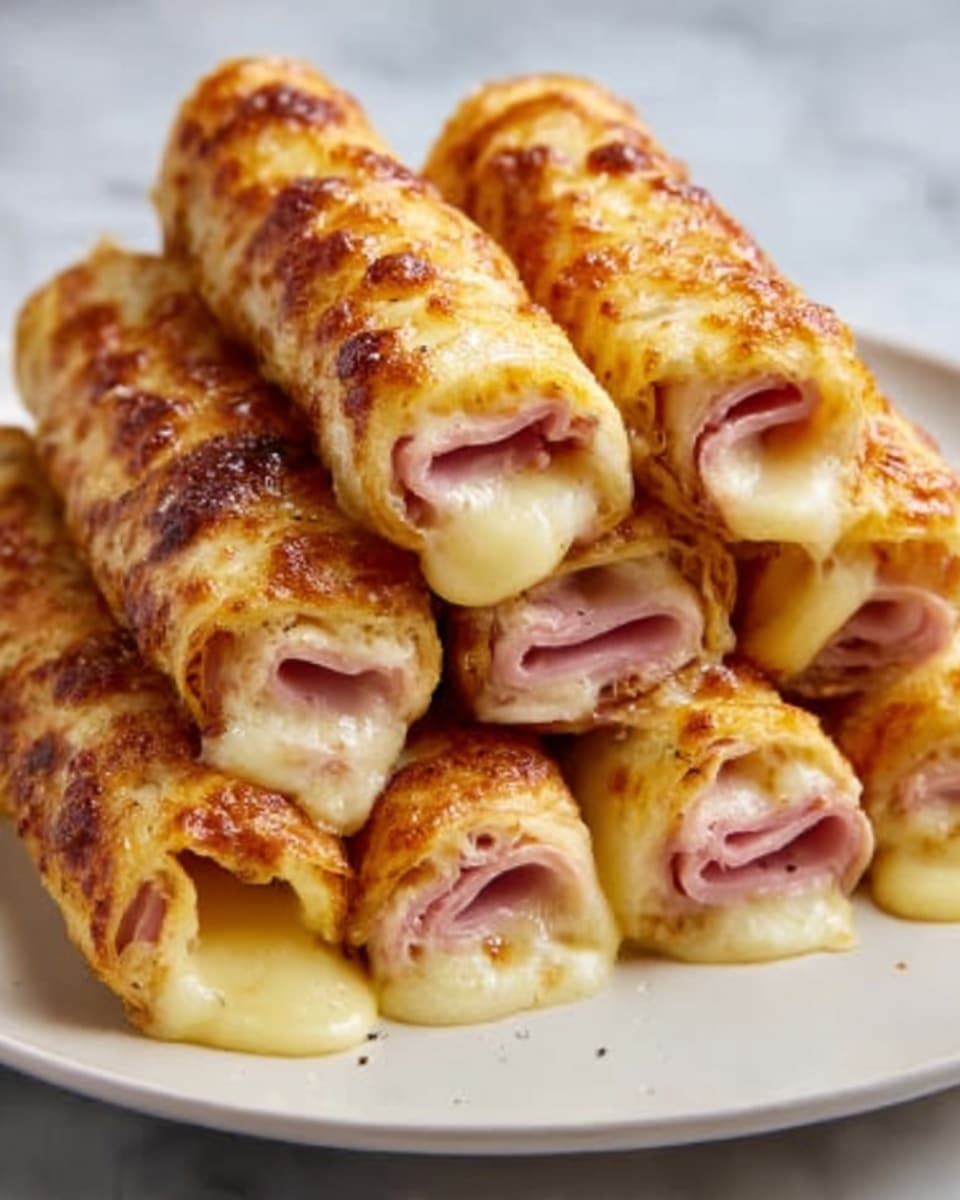 The image shows six pieces of golden-brown baked rolls on a white plate, each roll has a crispy, slightly browned cheese outer layer. Inside, you can see thin pink slices of ham tightly wrapped, with melted yellow cheese oozing out from the ends. The rolls are placed side by side with a slight shine on their surface, showing the melted cheese and crispy texture. The background has a white marbled texture. photo taken with an iphone --ar 4:5 --v 7