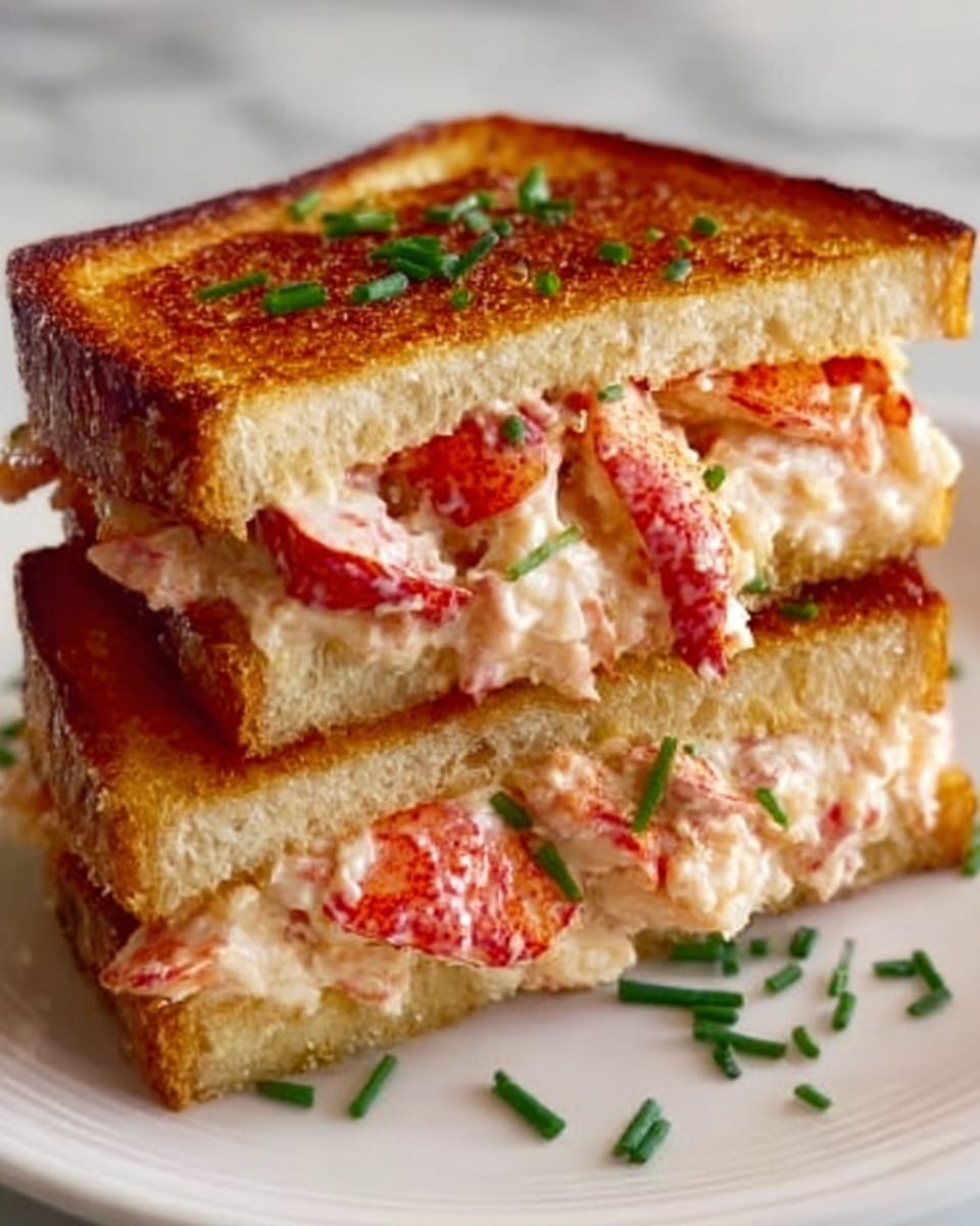 The image shows a close-up of a grilled cheese sandwich cut diagonally into two halves stacked on a white surface with a white marbled texture. The sandwich has three visible layers: the top layer is golden brown toasted bread with small green herbs sprinkled on top; the middle layer is a creamy, slightly melted cheese mixed with large pieces of bright red lobster meat; the bottom layer is another slice of toasted bread, also golden brown. There are tiny scattered green herbs around the sandwich adding a fresh touch. photo taken with an iphone --ar 4:5 --v 7
