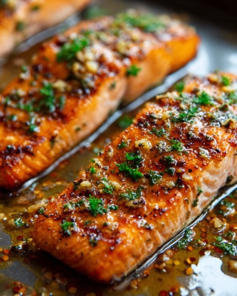 The image shows two grilled salmon fillets on a shiny surface, their skin slightly charred and crispy. The salmon is bright orange with grill marks and covered with small pieces of green herbs and bits of garlic, giving it a fresh, textured look. Around the salmon, there is a thin layer of shiny, oily sauce that reflects light, making the dish look juicy. The top of the fillets has a light sprinkling of chopped parsley adding a fresh green color. Photo taken with an iphone --ar 4:5 --v 7