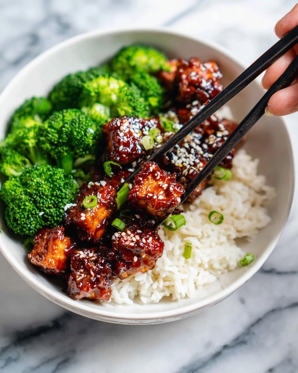 A white bowl holds a bed of fluffy white rice as the base layer, topped with bright green steamed broccoli on the left side, its texture soft but still fresh. On the right side, there are glossy, dark reddish-brown glazed tofu cubes that look crispy on the edges, sprinkled with white sesame seeds and small bits of green onion. Two black chopsticks held by a woman's hand pick up one tofu cube covered in shiny sauce and sesame seeds. The background is a white marbled texture. photo taken with an iphone --ar 4:5 --v 7