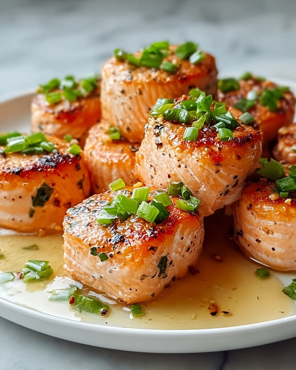 The image shows a white plate filled with several thick, round, seared salmon medallions arranged close together. Each piece has a golden-brown crust with a moist, pink interior visible on the sides. The top of each medallion is sprinkled with small green chopped herbs, giving a fresh contrast to the warm tones of the salmon. A light sauce with a creamy, slightly shiny texture pools around the base of the medallions, adding gloss to the dish. The background features a soft focus with a white marbled texture surface. photo taken with an iphone --ar 4:5 --v 7