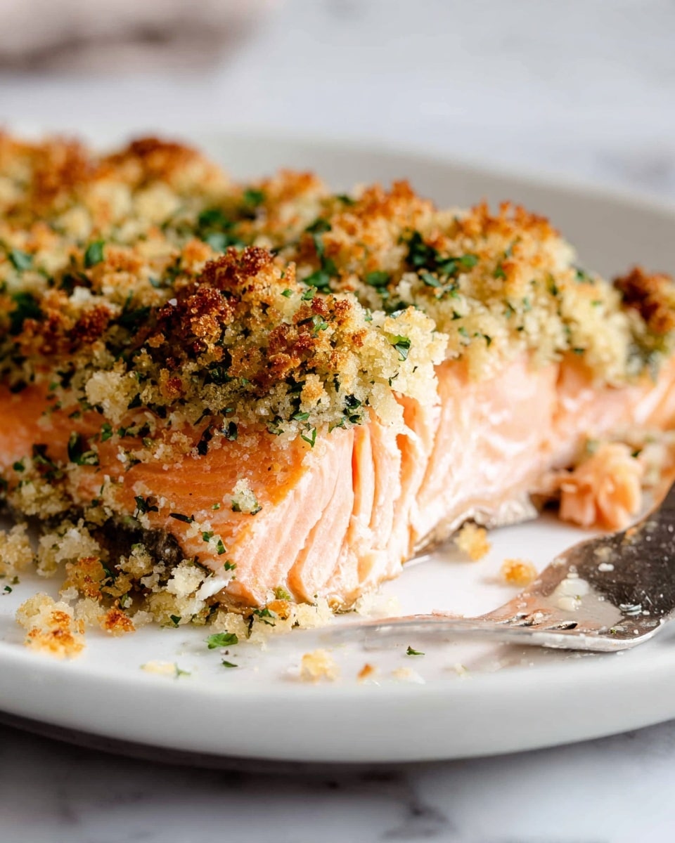 The image shows a close-up of a piece of cooked salmon with a golden brown crispy herb breadcrumb topping. The salmon layer is soft pink with a moist texture, visible under the crumbly herb crust. The crust layer on top is a mix of golden brown and green from chopped herbs, giving it a crunchy look. The bottom layer of the fish skin is dark and slightly shiny. The dish is placed on a simple white plate, sitting on a white marbled surface. A gold-colored fork is slightly out of focus near the bottom edge of the plate. Photo taken with an iphone --ar 4:5 --v 7