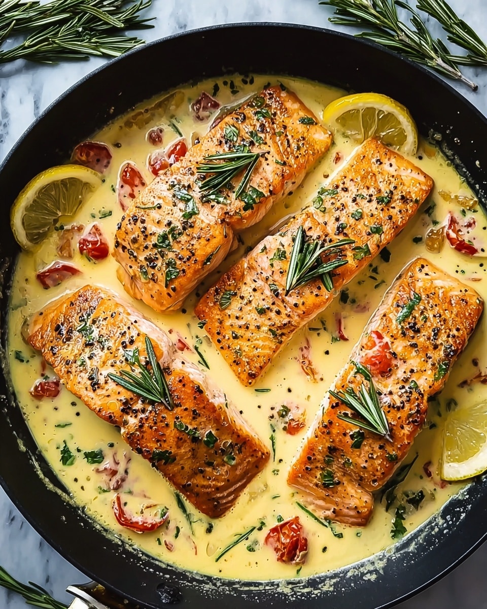 Four cooked salmon fillets with a golden brown top layer sprinkled with black pepper and fresh green herbs lay in a creamy light yellow sauce with visible small pieces of red tomato and green herbs, all inside a black cast iron pan. Two lemon halves with bright yellow color rest on the sauce near the salmon, while fresh rosemary sprigs lay on top of each fillet, adding a shiny green touch. The scene sits on a white marbled texture surface and a gray cloth is visible on the right side. photo taken with an iphone --ar 4:5 --v 7