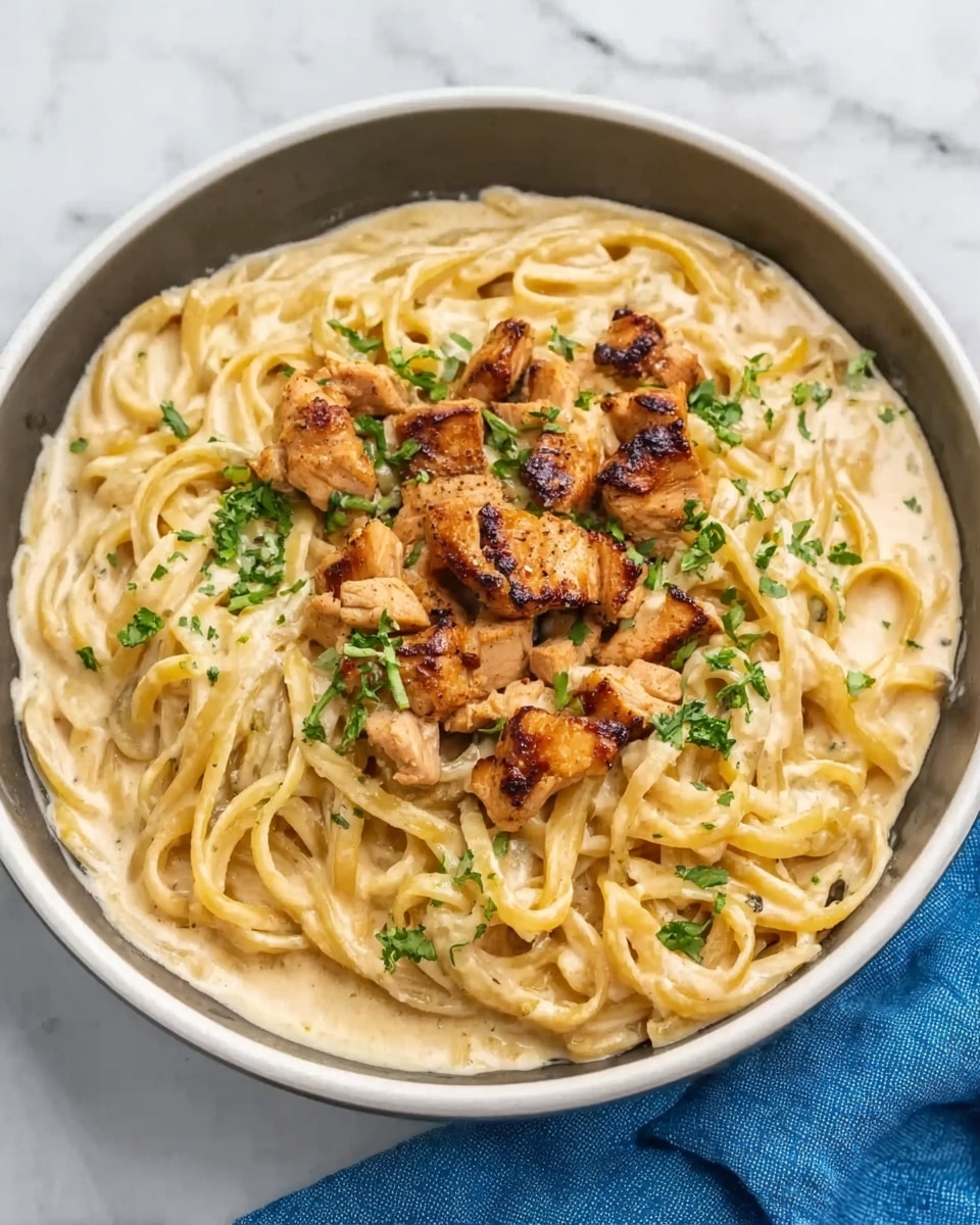 A white bowl filled with creamy mushroom pasta, showing about two layers: the bottom layer consists of thick spaghetti noodles in a smooth, pale beige sauce, and the top layer has golden-brown sautéed mushroom pieces scattered evenly, garnished with small green herbs. The bowl is placed on a white marbled surface, with a blue cloth napkin partially visible to the side. photo taken with an iphone --ar 4:5 --v 7