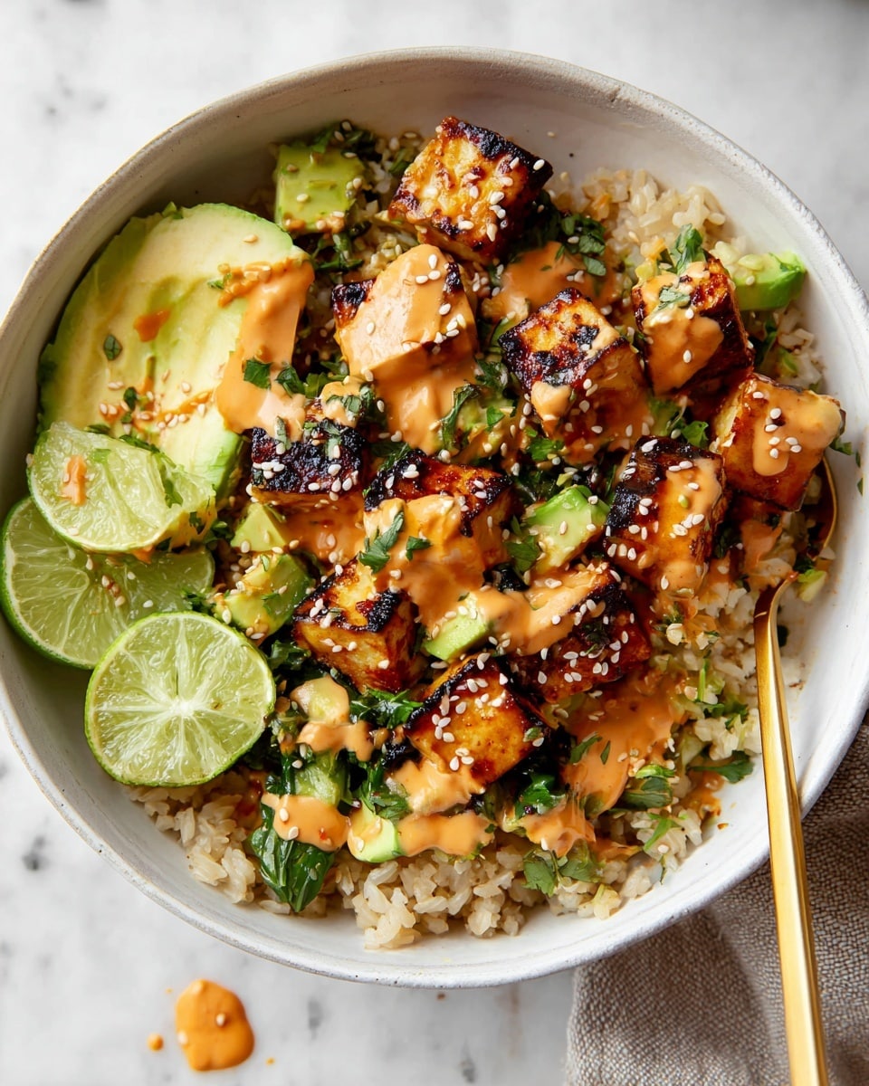 A white bowl filled with three main layers: the bottom layer is cooked light brown rice, topped with a middle layer of grilled, caramelized golden-brown tofu cubes mixed with chopped green cucumber and fresh herbs. The top layer is drizzled with a creamy, orange sauce and sprinkled with white sesame seeds and small red chili flakes. Two lime wedges rest on the left side of the bowl beside the tofu. A gold spoon is placed inside the bowl on the right side. The bowl is set on a white marbled surface with a light grey and white striped cloth partially visible at the bottom left corner. photo taken with an iphone --ar 4:5 --v 7