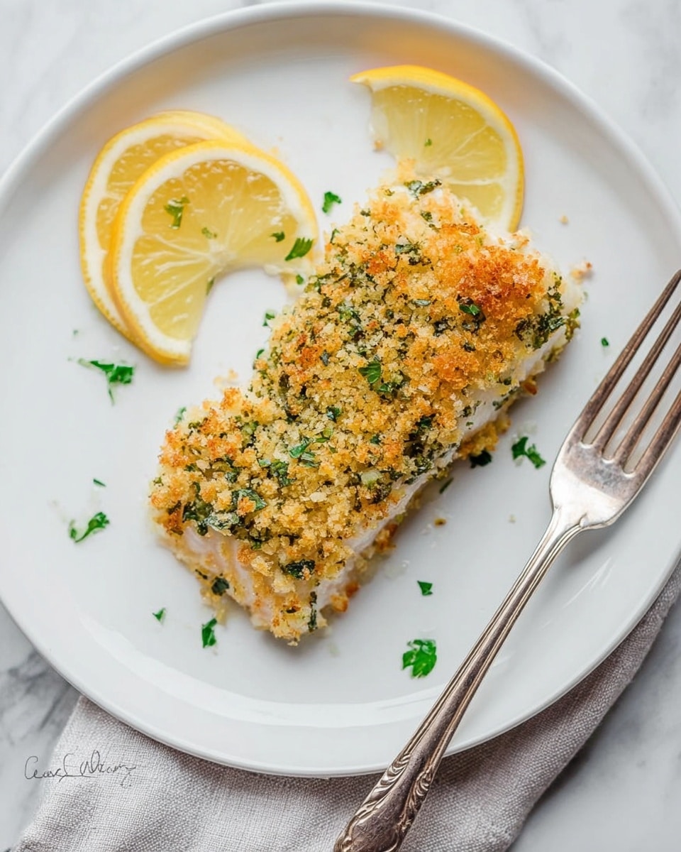 A single piece of baked fish fillet lies in the center of a white plate, topped with a golden, crispy breadcrumb crust mixed with finely chopped green herbs scattered throughout. The fish layer beneath has a light pinkish tone visible at the edges. Two lemon wedges, pale yellow with a slightly translucent texture, sit near the top left corner of the plate. To the right of the plate, a silver fork rests on a light gray cloth napkin, all placed on a white marbled textured surface. photo taken with an iphone --ar 4:5 --v 7