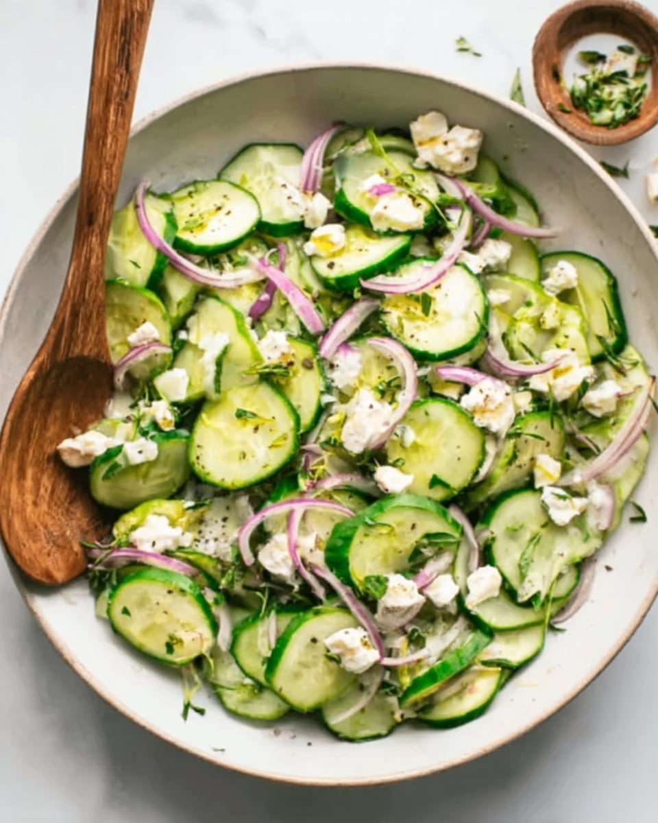 A fresh salad is shown in a white bowl on a white marbled surface. The salad has many thinly sliced cucumber pieces with bright green skin and pale green flesh. There are small chunks of creamy white cheese scattered on top, along with thin slices of red onion adding a purple color. Small bits of green herbs are mixed in. A wooden spoon is resting inside the bowl, and a woman's hand is holding the spoon. The photo taken with an iphone --ar 4:5 --v 7
