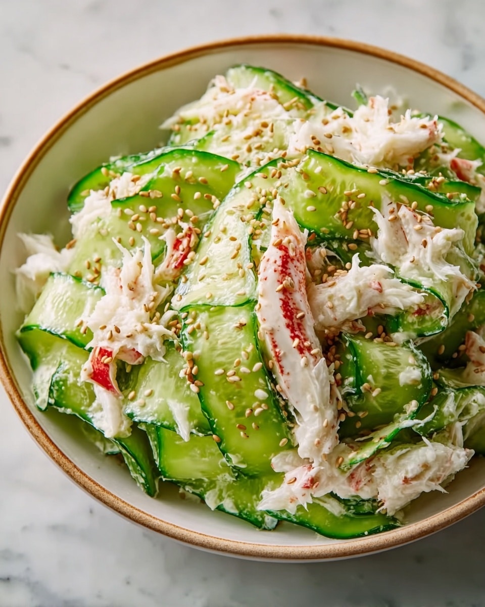 The dish is a fresh salad served in a white bowl with a light brown rim, placed on a white marbled texture. It has thin, curved slices of bright green cucumber layered with white, shredded crab meat that shows hints of red from crab leg pieces mixed in. The salad is sprinkled with small, golden sesame seeds evenly spread on top. The overall look is crisp and creamy, with green and white colors standing out against the bowl's edge. photo taken with an iphone --ar 4:5 --v 7
