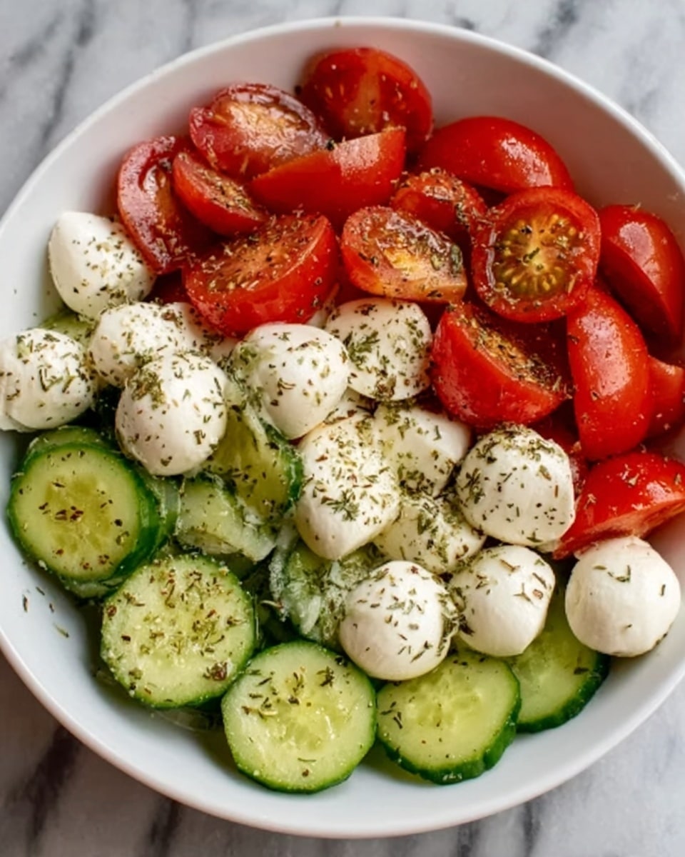 A white bowl filled with a fresh salad that has three clear layers: the bottom layer is bright green cucumber slices with a smooth texture, the middle layer is shiny red grape tomatoes cut in halves, and the top layer is white, round mozzarella balls evenly spread over the salad. The salad is sprinkled with dried herbs and black pepper. The bowl sits on a white marbled surface, and the salad looks colorful and fresh. Photo taken with an iphone --ar 4:5 --v 7