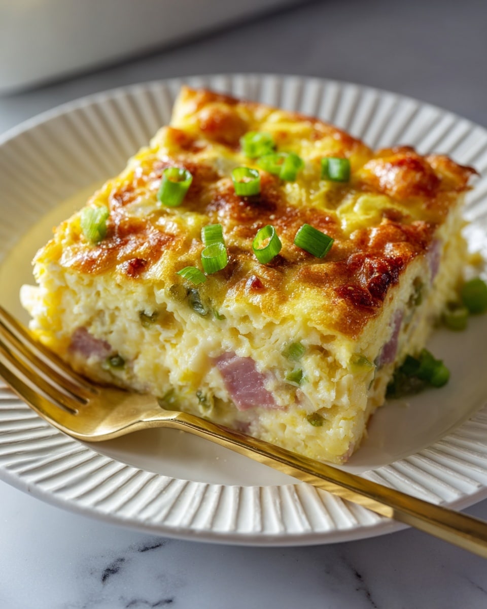 A thick square piece of baked egg casserole sits on a white plate with ridged edges, layered with creamy pale yellow eggs mixed with small chunks of pink ham and bits of green onions throughout. The top layer is golden brown with a slightly crispy texture and scattered fresh green onion slices. A shiny golden fork rests beside the casserole on the plate. The plate is placed on a white marbled surface. photo taken with an iphone --ar 4:5 --v 7
