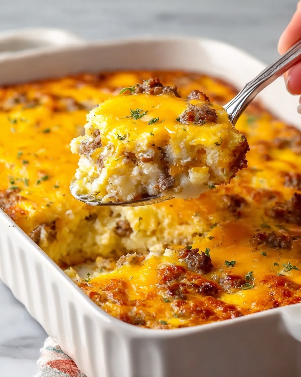 A white baking dish filled with a thick casserole showing several layers: a golden-brown melted cheddar cheese top with specks of browned sausage pieces and herbs, beneath which is a creamy, light yellow layer of cooked eggs mixed with crumbled sausage and small pieces of diced potatoes; a woman's hand holds a silver spoon lifting a scoop of the casserole, emphasizing the soft, moist texture and varied colors of the ingredients. The background and surface are white marbled texture. photo taken with an iphone --ar 4:5 --v 7