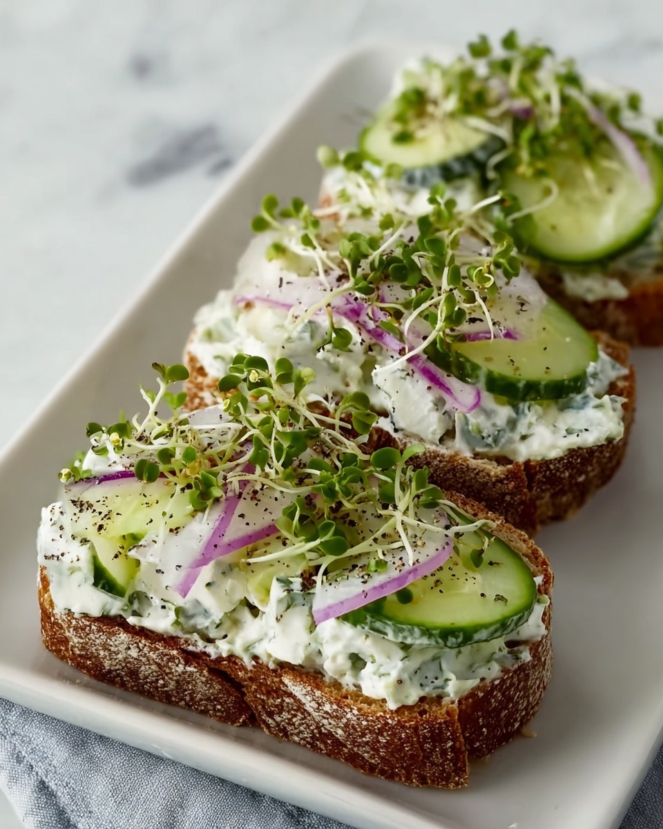 Three open-faced sandwiches are placed side by side on a white rectangular plate, resting on a white marbled surface. Each sandwich has a base layer of toasted brown bread with a rough texture, topped generously with a creamy white spread mixed with small green herb pieces. On top of the spread, there are thin, slightly curled slices of light green cucumber and delicate purple-red slices of onion. Fresh green sprouts with fine stems and tiny leaves are scattered over each sandwich, creating a fresh and vibrant look. A light sprinkle of black pepper is visible across the layers. photo taken with an iphone --ar 4:5 --v 7