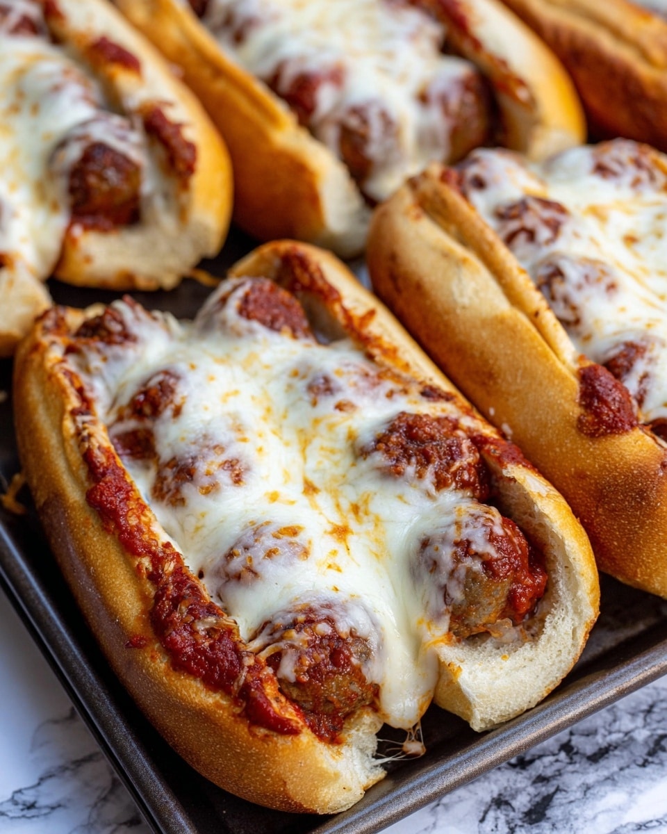 The image shows a close-up of several toasted meatball subs on a baking tray. Each sub is a white bun, slightly browned and toasted on the edges. Inside each bun, there are round meatballs covered in a thick layer of tomato sauce. On top of the meatballs and sauce is a thick layer of melted, slightly browned mozzarella cheese that stretches and bubbles with some golden brown spots. The subs sit closely together, filling the frame. The background is a white marbled texture. photo taken with an iphone --ar 4:5 --v 7