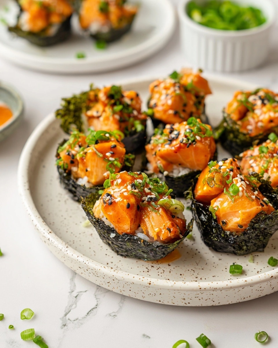 The image shows several small nori seaweed cups arranged on a white speckled plate, each filled with a base layer of white rice topped with chunks of orange-glazed cooked salmon. The salmon pieces are covered with a bright orange sauce, sprinkled with white sesame seeds and finely chopped green onions. The nori cups have a crisp, dark green texture holding the ingredients together. Around the plate and on the white marbled surface, small green onion rings are scattered for decoration. In the background, a small white bowl filled with chopped green onions and a white plate with more nori cups partially visible complete the scene. Photo taken with an iphone --ar 4:5 --v 7