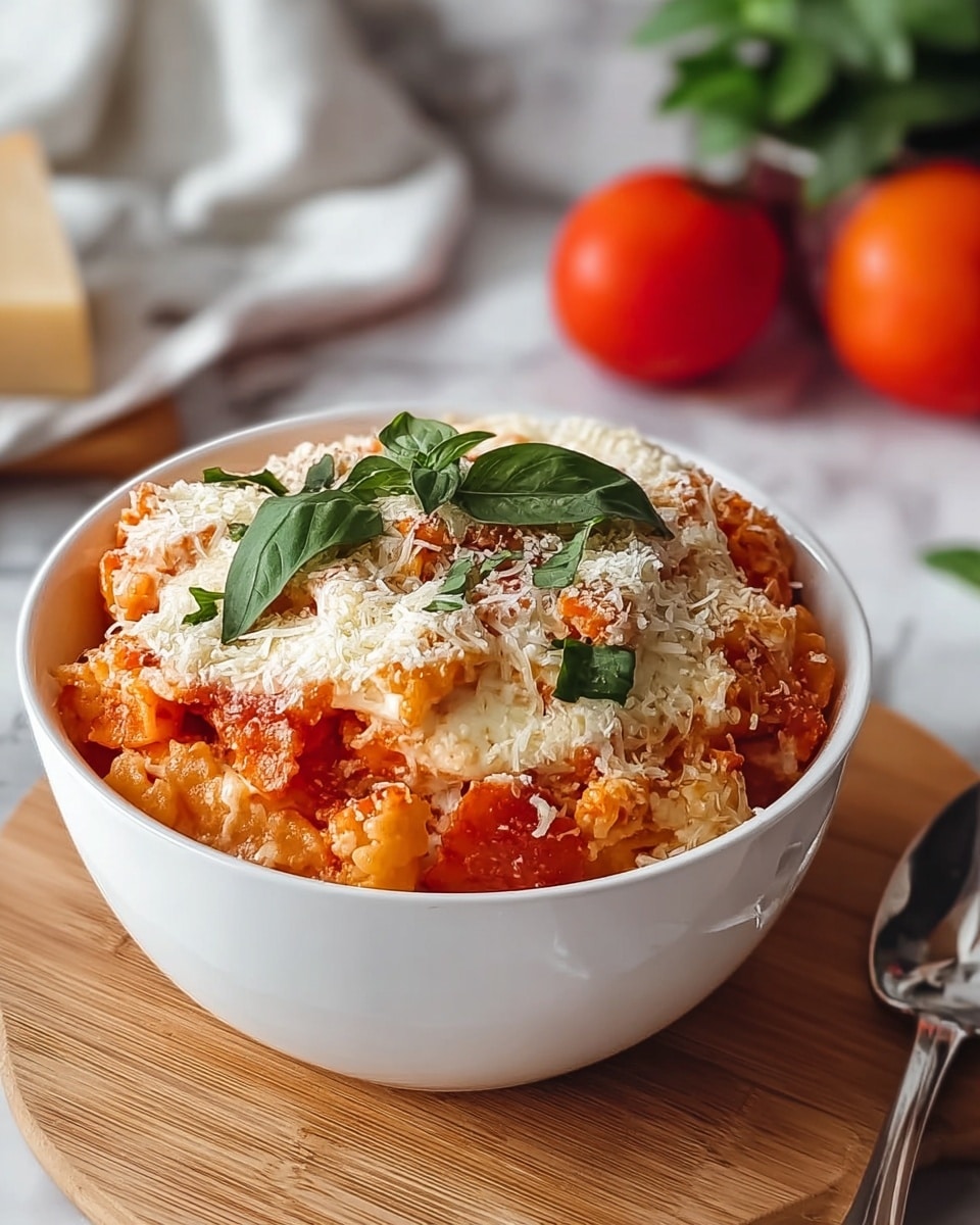 A white bowl holds a layered pasta dish with about four layers. The bottom layer is chunky red tomato sauce mixed with small pieces of pasta. Above that, a creamy white cheese layer spreads unevenly with a slightly grainy texture. Another thick layer of tomato sauce with pasta sits on top, showing bright orange-red hues and soft pasta shapes. The top layer is sprinkled with shredded white cheese and fresh green basil leaves for color contrast. The bowl is placed on a wooden board over a white marbled surface, with a spoon to the right side. In the background, a whole red tomato and some green leaves are softly focused. Photo taken with an iphone --ar 4:5 --v 7