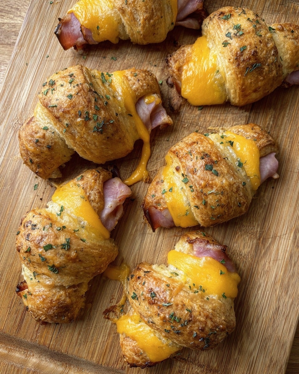 Six golden brown crescent rolls are arranged on a wooden board, each topped with scattered green herbs. The rolls are baked to a crisp texture with some melted cheddar cheese oozing out from the edges. Inside each roll, a layer of folded pink ham is visible, contrasting with the bright yellow-orange cheesiness. The wooden board beneath them shows a natural, warm wood grain pattern. The scene is close-up, showing the flaky, crusty details of the rolls and the rich, melty cheese. photo taken with an iphone --ar 4:5 --v 7