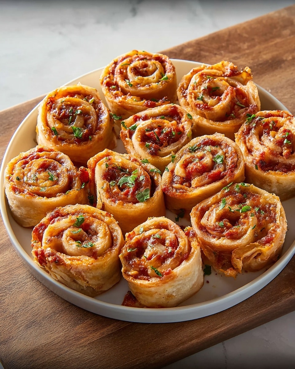 A round white plate holds eleven tightly rolled swirled pastry pieces arranged in a circle. Each roll has multiple layers of light tan dough with visible red sauce and melted cheese in between, giving a mix of reddish and creamy textures. Tiny green herbs are sprinkled on top of the rolls, adding a fresh touch. The plate is placed on a wooden board, all set against a white marbled background. photo taken with an iphone --ar 4:5 --v 7