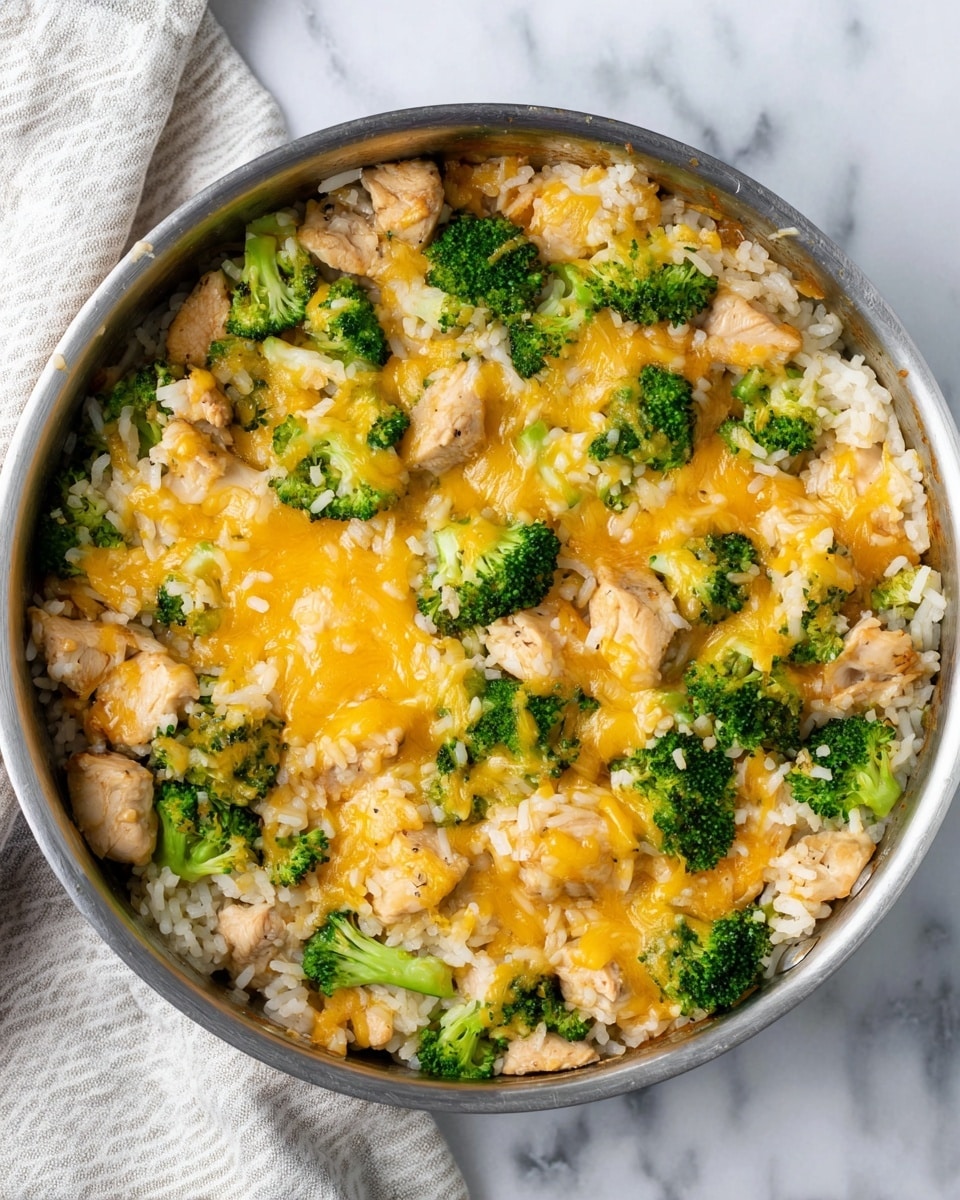 A round metal pan holds a close-up view of a dish with three main layers: the bottom layer is white rice mixed with small pieces of cooked chicken that are light brown, the middle layer shows bright green broccoli florets spread throughout, and the top layer has melted golden-yellow cheese covering parts of the rice, chicken, and broccoli. The melted cheese looks shiny and slightly gooey, while the broccoli adds a fresh texture contrast. The pan is set on a white marbled surface with a soft-striped cloth partly visible at the top edge. Photo taken with an iphone --ar 4:5 --v 7