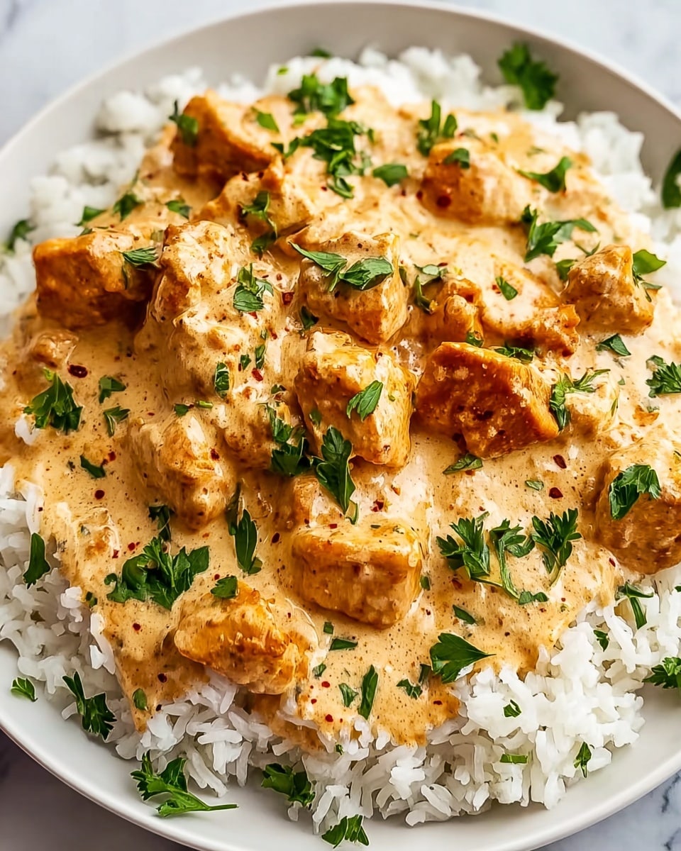 A white plate holds a bed of fluffy white rice as the base layer with a slightly grainy texture. On top, there is a thick creamy sauce with a light orange color, dotted with small herbs and spices, covering chunks of browned, cooked chicken pieces that have a golden exterior and tender inside. The dish is garnished with fresh, bright green parsley leaves scattered across the creamy chicken layer. The setting is on a white marbled textured surface, photo taken with an iphone --ar 4:5 --v 7