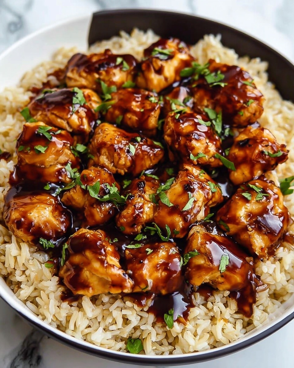 A close-up view of a dish in a white bowl filled with two main layers: the bottom layer is light brown cooked rice that looks soft and fluffy, covering the whole base; the top layer consists of many pieces of golden-brown glazed chicken with a shiny dark brown sauce dripping over the pieces, adding a glossy texture; small green herb leaves are scattered on top, providing a fresh color contrast; the bowl is placed on a white marbled surface, and the photo shows clear details with soft natural light; photo taken with an iphone --ar 4:5 --v 7