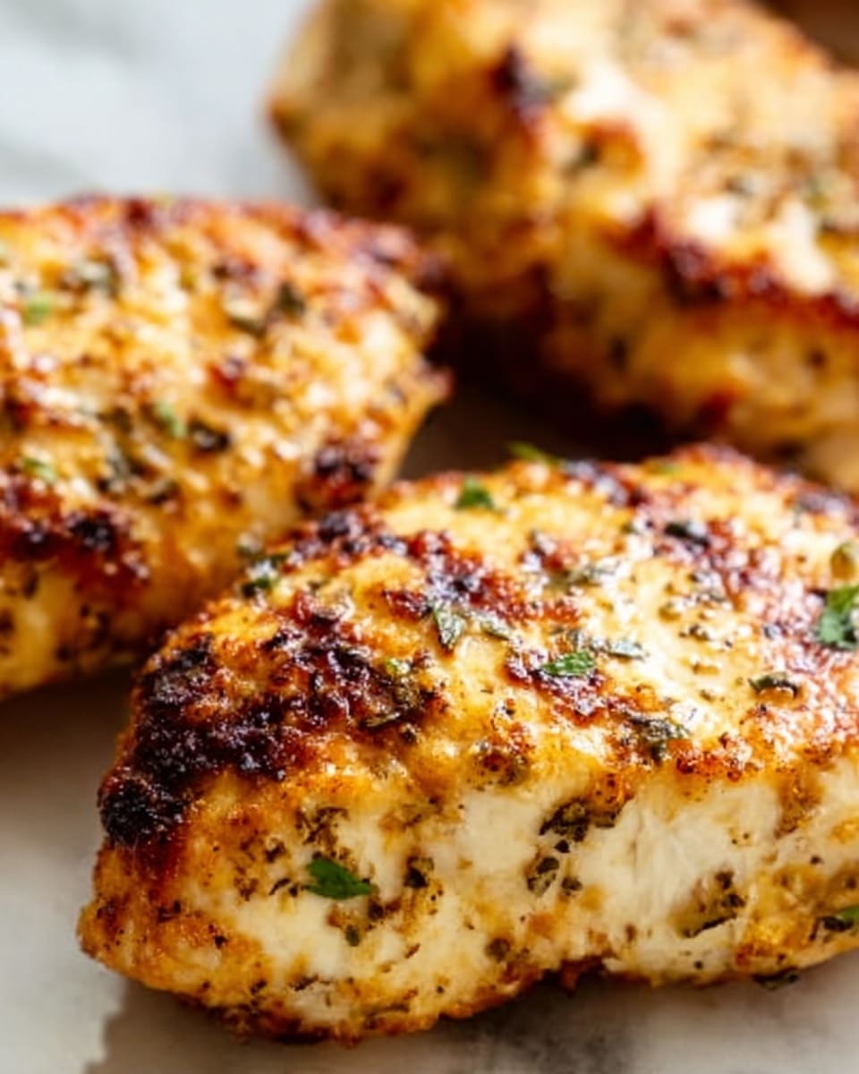 The image shows three pieces of golden-brown grilled chicken breast with a crispy, slightly charred crust. The chicken is seasoned with small green herbs and spices visible on the surface. The texture looks juicy and tender inside with a rough, crunchy outside layer. The pieces are placed close together, with the front piece in sharp focus and the others slightly blurred. The background is a white marbled texture. Photo taken with an iphone --ar 4:5 --v 7