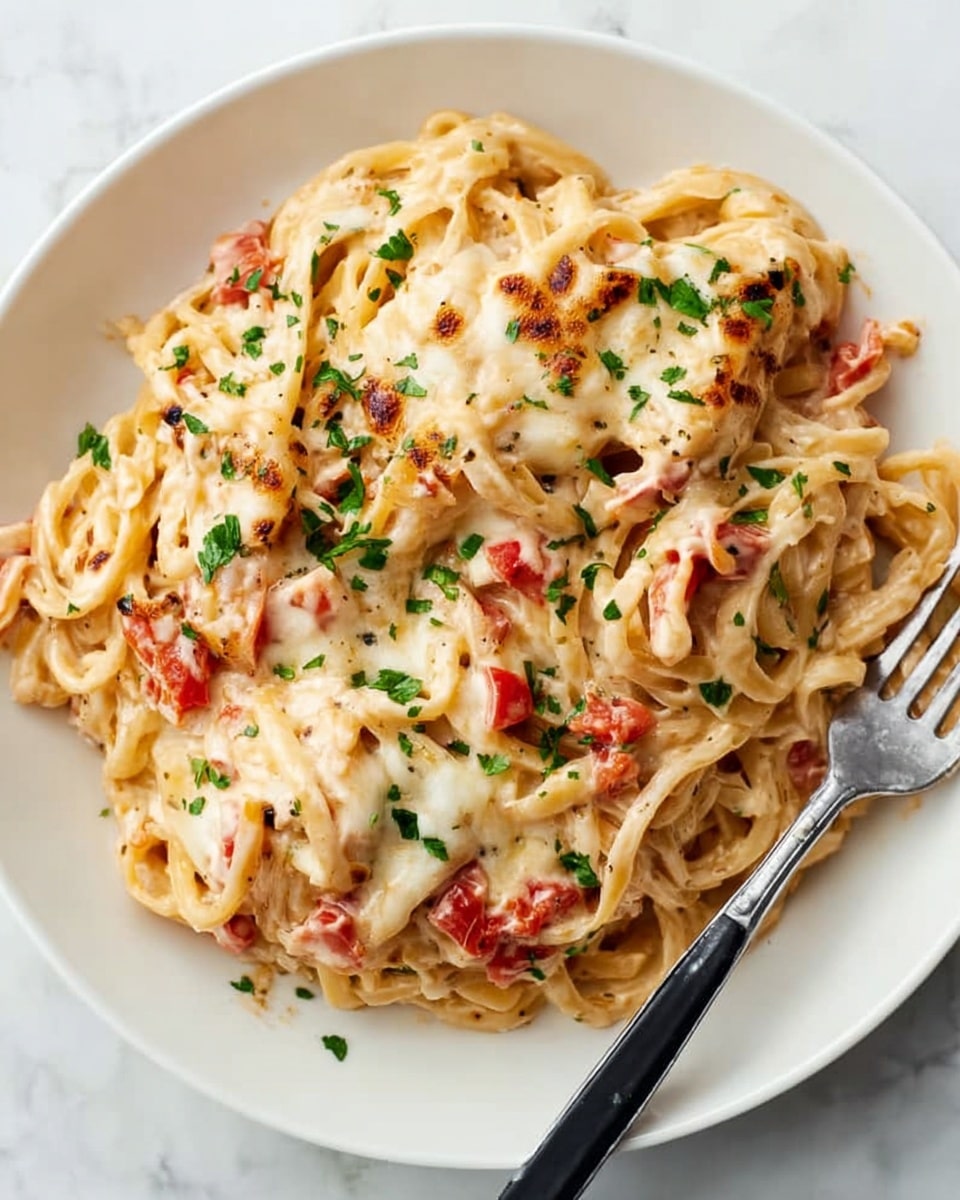 A white plate filled with creamy pasta layered with melted cheese on top that is golden brown in spots, mixed with small pieces of red tomatoes and finely chopped green herbs scattered over the dish. The pasta strands are soft and coated thickly with a light beige creamy sauce. A silver fork with a black handle rests on the edge of the plate, which sits on a white marbled surface. photo taken with an iphone --ar 4:5 --v 7