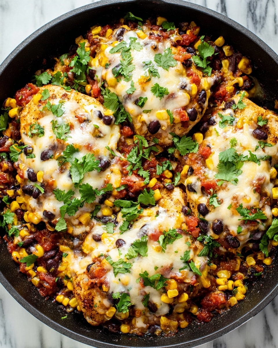 The dish shows four pieces of cooked chicken breasts at the bottom layer in a black skillet, topped with a mix of yellow corn kernels, black beans, and diced red tomatoes that add a colorful, chunky texture. Melted white and yellow cheese covers the top of the chicken and vegetable mix, with some parts browned a little from baking. Fresh green cilantro leaves are scattered on top, adding a pop of bright green color. The skillet sits on a white marbled surface. photo taken with an iphone --ar 4:5 --v 7